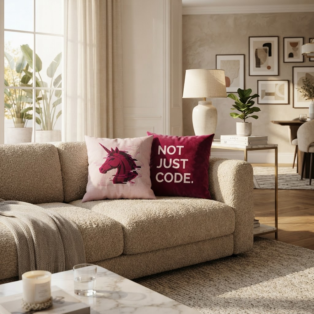 AR preview of the HEART.EXE Pillow Set placed in a living room